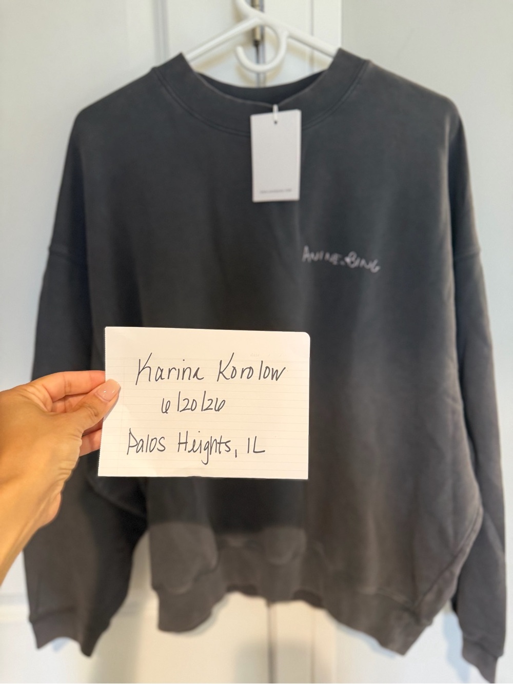 Anine Bing Washed Charcoal Crewneck Sweatshirt with Subtle Script